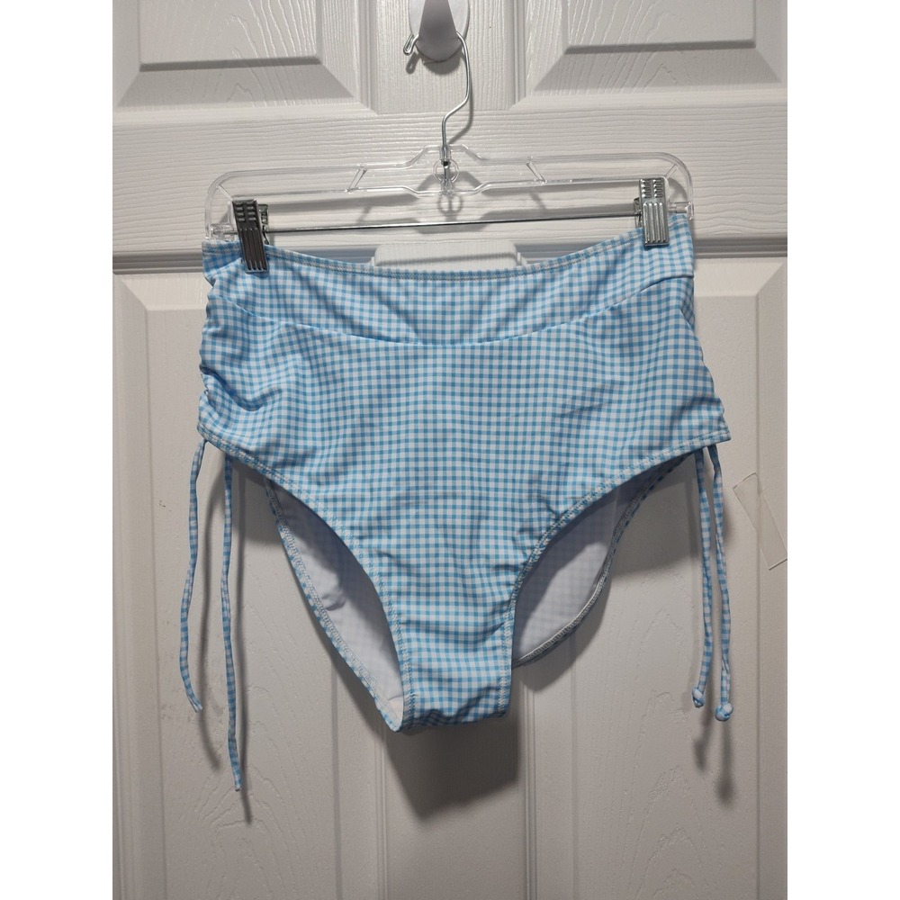 High-Waisted Blue Gingham Swim Bikini Bottoms Blue‎ Sz LARGE Ruched Sides NWOT